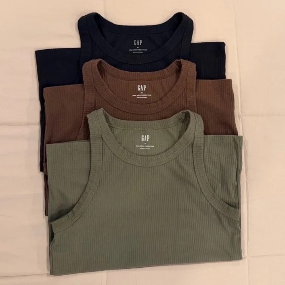 GAP Set of 3 High Neck Ribbed Tanks Black, Olive and Brown Size M